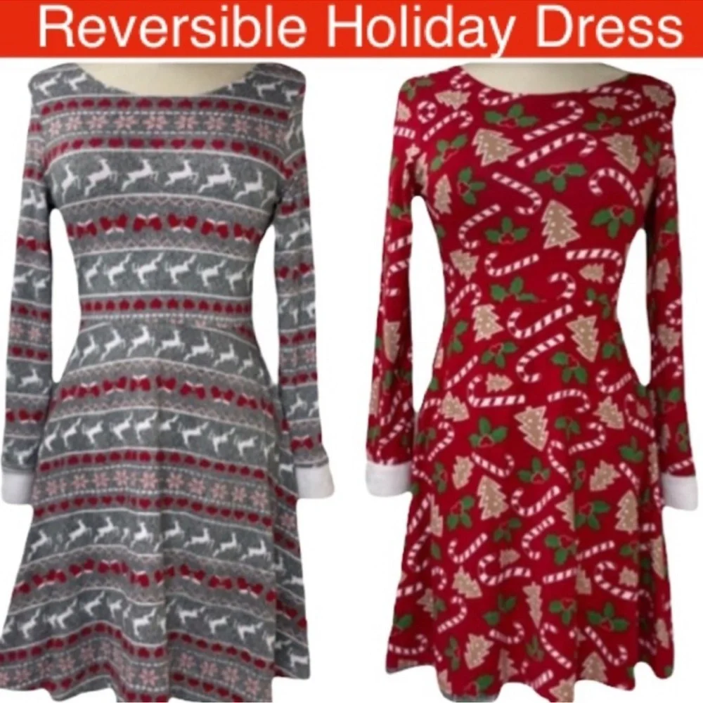 Handmade Christmas Dress Holiday Fair Isle Reversible Pattern Girls Large 12/14